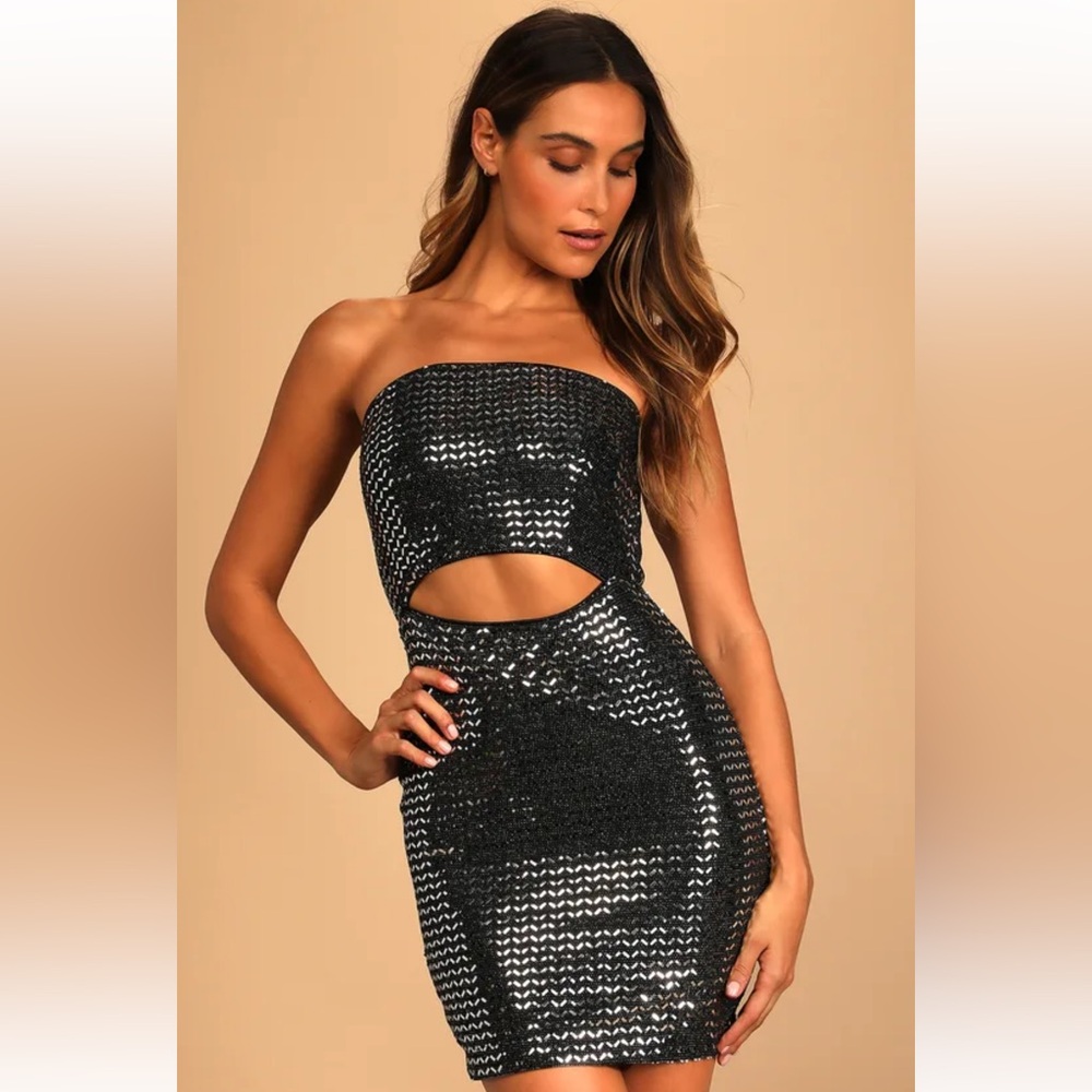 Lulus Feeling Flashy Black and Silver Sequin Cutout Bodycon Mini Dress